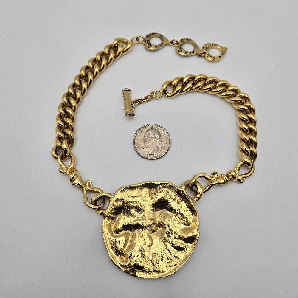YSL Yves Saint Laurent Animal Pendant Necklace Chunky Goldtone Statement Mogul - Picture 6 of 7